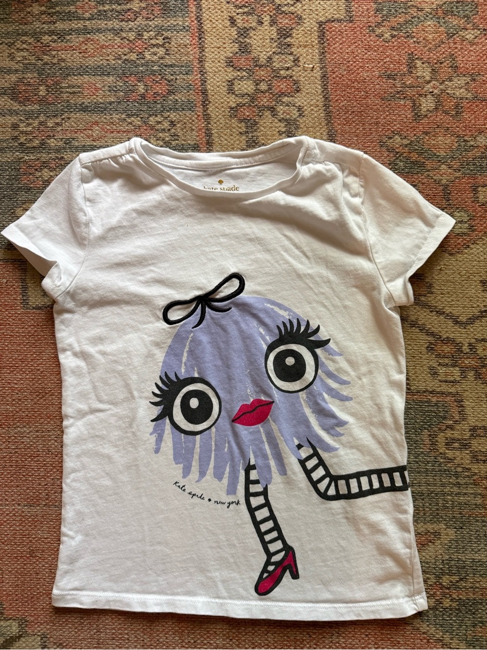 kate spade Girls' White Tee with Purple Pom Character